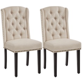 Yaheetech Dining Chairs Upholstered Fabric Chairs Tufted Kitchen Chairs with Solid Wood Legs, Nailhead Trims for Dining Room Kitchen and Restaurant, 1 Package of 2pcs, Beige