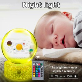 3D Crystal Ball with Solar Model Multicolor Night Light Clear 80mm Glass Ball with LED Lamp Base for Teacher of Physics Classmates Remote Control Dimming Table Lamp Decor Gifts