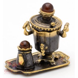 Brass Amber Figurine souvenir of Russian Samovar Teapot set souvenir IronWork