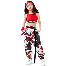LOLANTA 2pcs Girls Hip Hop Street Dance Solo Clothes Set Crop Tank Top+Camouflage Jogger Pants, Red, 13-14 Years