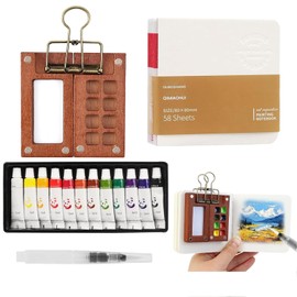 PONGH Mini Watercolour Paint Sets, Sketchbook Palette Set 8 Grids, 12 Colours Portable Watercolour Palette with Watercolour Paper Journal, Watercolour Brush Pen, Clip for Painters, Artists, Students