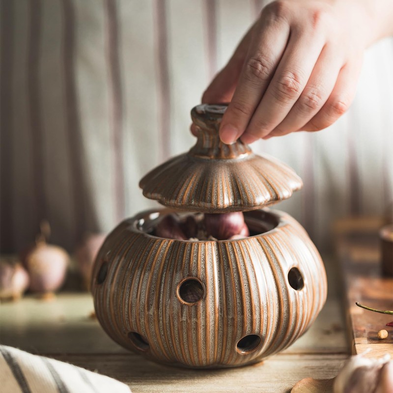 Ceramic Garlic Keeper with Lid and Holes Garlic Saver and