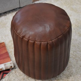 Round Shaped Goat Leather Handmade Eco-Friendly Brown Pouf - Round Shape Pouf, 14" x 14"x 14", Plain Solid Pouf, Goat Leather Pouf, Recycled Cotton Filled Stuffed Pouf, Leather Seating Pouf PF08