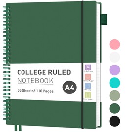 RETTACY Notebook A4 Lined, Lightweight Ring Binder, Diary 110 Sheets / 55 Pages for Writing, Notepad 100 GSM, College Ruled PVC Journal 21.5 x 27.9 cm - Dark Green