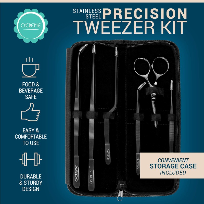 O'Creme Set of Culinary Tweezer Tongs Offset, Straight and Curved,