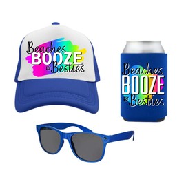 Beaches Booze & Besties PARTY PACK (Add-On Set: Blue) Party Favor Gift for Parties Spring Break Girls Weekend Trip Getaway for Friends Multipack Sunglasses Drink Holder Trucker Hat (Add-On (Blue))