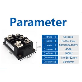 Aigoodele 400A 1600V Three Phase Bridge Rectifier, MDS400-16 High Power Diode Module for Industrial Power Supply, Motor Drive, Generator