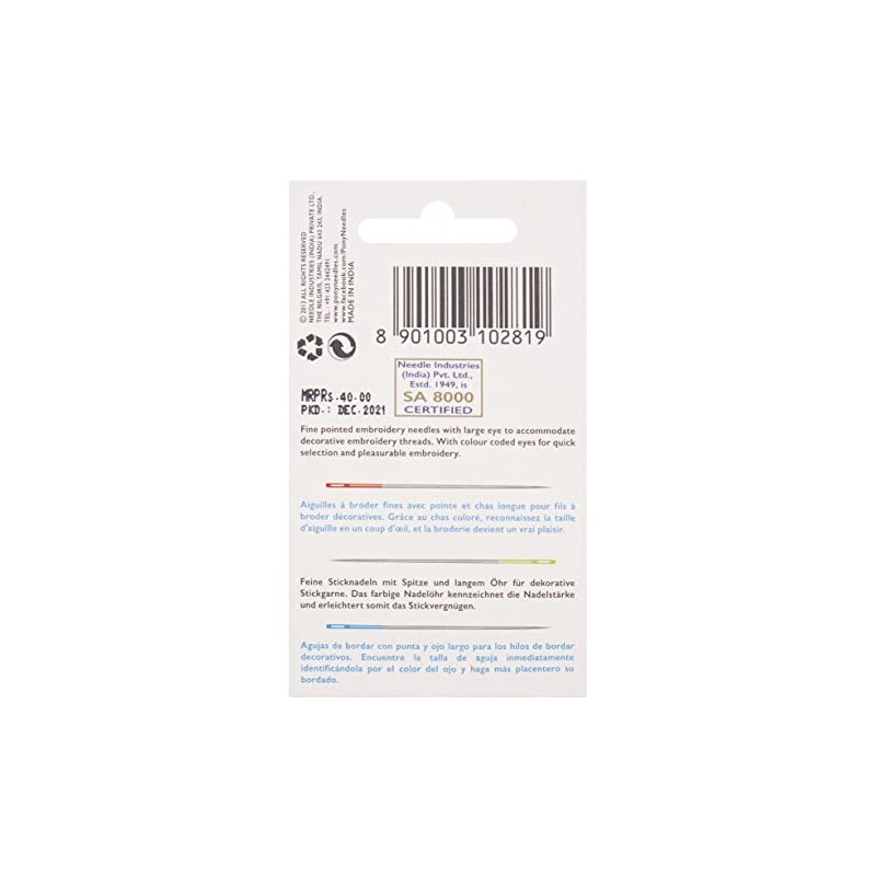 Pony Eye Hand Sewing Needle Compact: Crewels, Multi-Colour, one Size