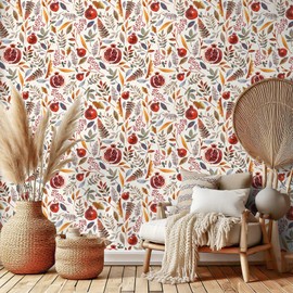 VEELIKE Garnet Peel and Stick Wallpaper Vintage Pomegranate Fruit Wallpaper for Kitchen Bathroom 17.7''x118'' Self Adhesive Floral Wallpaper Removable Fruit Contact Paper for Cabinets Drawers Shelves