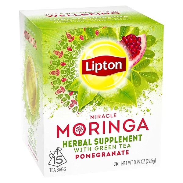 Lipton Herbal Supplement Tea Bags, Miracle Moringa with Green Tea and Pomegranate, 15 ct, Pack of 4