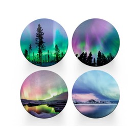 4 x Round Northern Lights Coasters - Iceland Boraelis Men Women Set Theme House Warming Circle Drinks Kitchen Decoration Décor Gift #80191