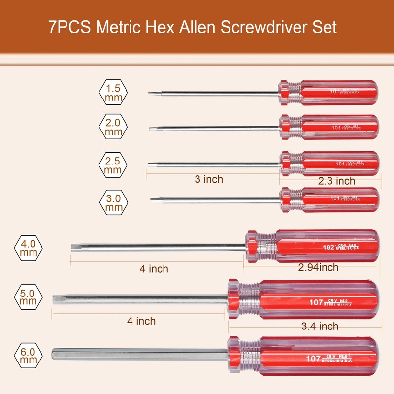 Hex Screwdriver Set Metric MM Sizes 7PCS Precision 1.5mm 2.0mm
