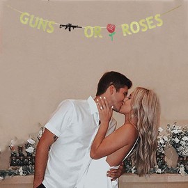 KUNGOON Guns Or Roses Gender Reveal Banner Decorations,Guns Or Roses Banner for Boy or Girl Gender Reveal Party Supplies,Newborn Baby Shower Decorations,Gold Gliter.
