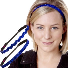 Hipsy PETITE Size, Adjustable No Slip Sparkly Bling Mixed 2pk Headbands for Women Girls & Teens (Bling Glitter Mixed Royal Blue)