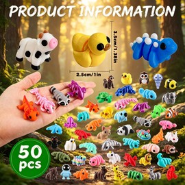 50 Pcs Mini 3D Printed Animals Mystery Box Set, Flexible Articulated Fidget Toys for Kids & Adults, Random Style Desk Pets Figurines Bulk for Classroom Rewards, Goodie Bag Stuffers Party Favors
