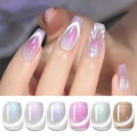 YSUVIN UV Nail Polish Magnetic 6 Colours Pink Purple Blue Green Yellow Cat Eye UV Gel with Magnetic Pen Soak-off Cat Eye Nail Polish for Beginners DIY Nail Art Manicure Salon, 8 ml