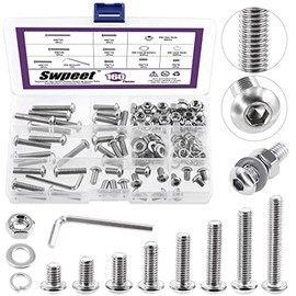 Swpeet 161 piezas M6 métrico acero inoxidable 304 tornillos de cabeza de botón con hexágono interior, tornillos de cabeza hexagonal y tuercas hexagonales con arandelas planas y kit de arandelas de