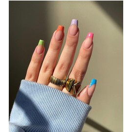 Sethexy Colorful French Short Coffin False Nails Rainbow Press on Nails Glossy Fake Nails 24Pcs Acrylic Stick on Nails for Women and Girls