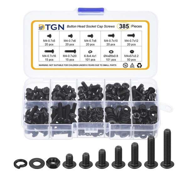 DTGN 382Pcs M4-0.7x5/6/8/10/12/16/20mm Button Head Socket Cap Screws - Carbon