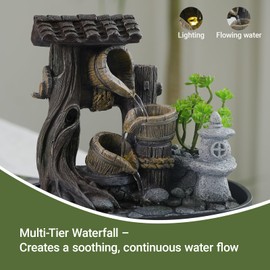 SERBILHOME Table Top Water Fountain Indoor Rustic Treehouse Desk Fountains – 11.8'' Tabletop Water Fountain with LED Light, Meditation Zen Waterfall for Home Office Bedroom Desktop Decor, Brown