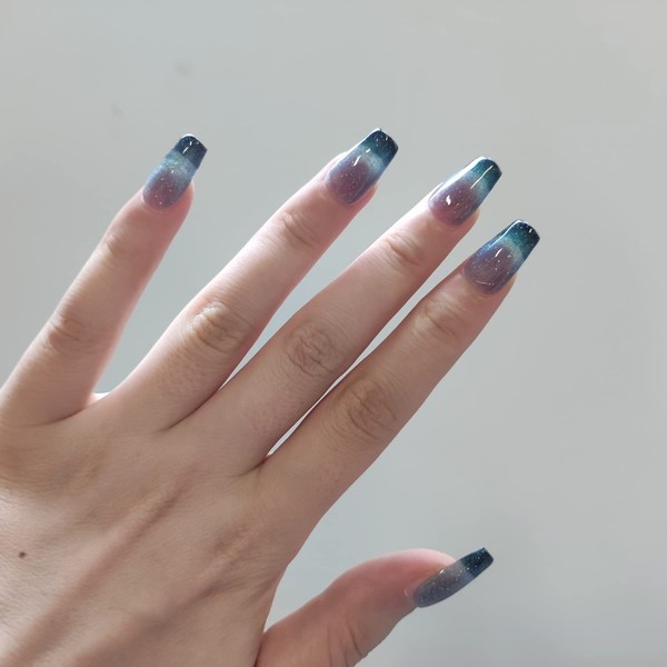 CEBOIC Glue-On Nails, Handmade Press On Nails, Ballerina, Silver Blue