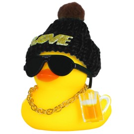 Adornos de goma para coche, pato chirriante con sombrero de amor negro, decoración de salpicadero, patito con vasos de cerveza, collar dorado, anteojos de sol