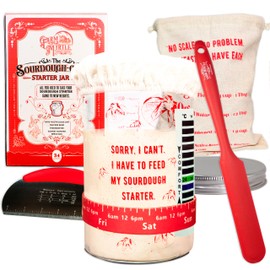 Sourdough Starter Jar Kit - 34 oz Sturdy Sourdough Starter Jar Glass w/ Lids - Fun Retro Design Sourdough Jar w/ Thermometer, Feeding Tracking Band, & More - Sourdough Bread Baking Supplies