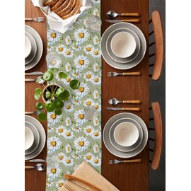 Abstract Table Runners 90 Inches Long Daisy Flower Sage Green Table Runner for Family Dinner/Wedding/Outdoor Indoor Party, Cotton-Polyester Blend Dresser Scarf Table Decorations