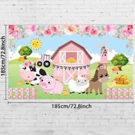 Farm Animals Theme Party Decorations, Pink Flowers Floral Barn Backdrop Banner for Grass Children Birthday Party Supplies, Farm Animals Scenic Background Photo Booth Banner, 72.8 x 43.3 Inch