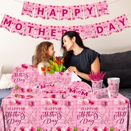 Mothers Day Decorations Serve 24, 170Pcs Happy Mothers Day Plates and Napkins Sets with Cups Tablecloth and Banner Mother's Day Decorations for Best Mom Ever Spring Flower Theme Birthday Party