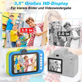 Children's Camera, 3.5 Inch Large Display, 360° Rotating Zoom Lens, Children's Camera with Selfies, LED Flash, Digital Camera Camera Children with 32G Card, Toy Gifts for Children 3-12, Blue