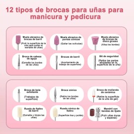 Ciicii Pulidor Esmeril Uñas Taladro 45000rpm Recargable Ciicii Dril,pulidora De Unas Profesional Rosa, 2400mah Y Equipado Con 12 Tipos De Taladros 36w Professional-drill Uñas