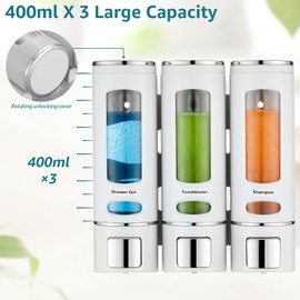 White 3-Chamber Wall Mounted Dispenser for Shower, Bathroom, Kitchen or Hotel - No Drilling Required, Holds Shampoo, Conditioner and Body Wash