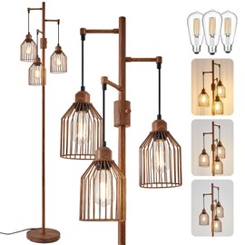 Dimmable Floor Lamp for Living Room, Farmhouse Floor Lamps with Elegant Hanging Cage, 3 x LED Edison Bulbs Included, 68.5" Industrial Standing Light for Bedroom Office Home Decor (Wood)