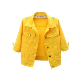 Unilexi Women's 3/4 Sleeve Colored Cropped Denim Jacket Light Wash Short Jean Jacket Trucker Coat(0096-Yellow-S)