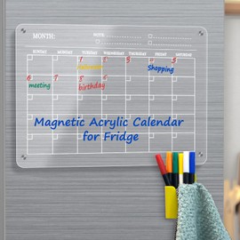 Magnetic Acrylic Calendar Board for Fridge 16”x12 Clear Acrylic Calendar Planner Board Reusable Calendar Whiteboard Includes 6 Dry Erase Markers with 6 Colors and Eraser (Calendar)