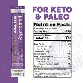 Paleovalley 100% Grass Fed Garlic Summer Sausage Beef Sticks - Delicious Gluten Free Beef Snack - High Protein Keto Friendly