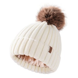 FURTALK Toddler Beanie Satin Lined Baby Boys Girls Winter Hats Pom Pom Beanies for Kids White