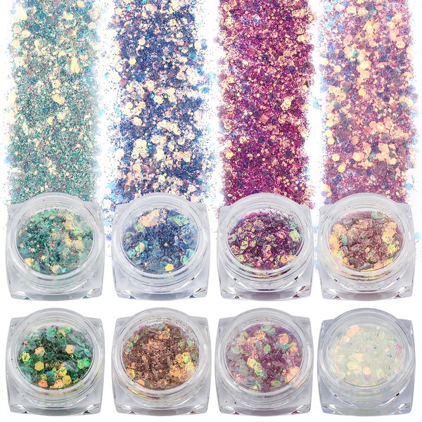 SAVITA 8 Colours Iridescent Glitter Flakes, 3D Holographic Mermaid Nail Sequins, Festival Cosmetic Body Glitter for Art Craft Festival Cosmetic Body Decoration