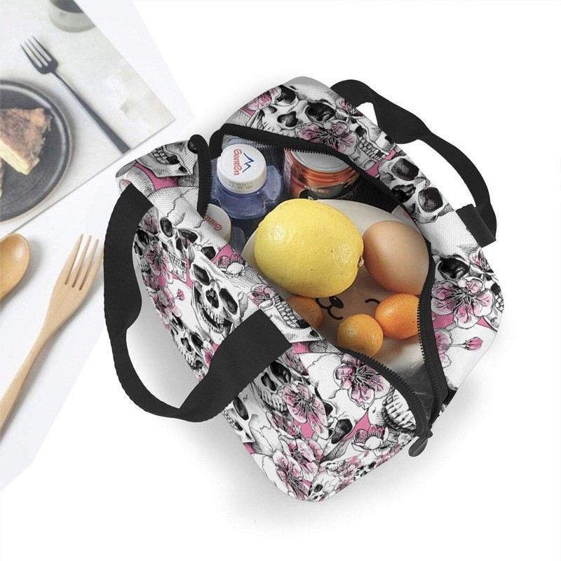 Hulnulnu Insulated Lunch Bag with Skull and Flowers Reusable Portable