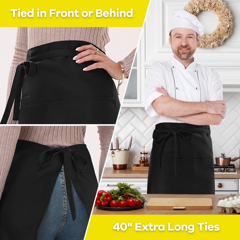 ROTANET Long Server Apron Black with 3 Pockets Bistro Half