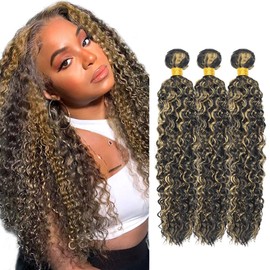 TARPION Color #27 Bundle P1B27 Kinky Curly Human Hair Bundles Two Tone Black Mixed With Honey Blonde Bundles Human Hair 16 16 16 Inch Highlight Bundle