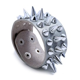 Caiyao Punk Gothic Tine Spike Rivet Bracelets Adjustable Studded Buckle Cuff Biker Leather Bangle Snap Button Wristband for Men Cool Personality Jewelry-D gray