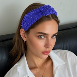 YISSION 1 PC Pearl Knotted Headband Beaded Headband Wide Pearl Headbands for women Non Slip Jeweled Embellished Hairband Dark Blue Head Band Hair Accessories for Women Girls
