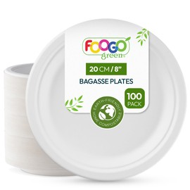 FOOGO Green 50pcs Disposable Sugarcane Bagasse Plates, 8 inch (20 cm), Medium Round Strong Paper Plates, Eco Friendly Biodegradable Compostable, for Picnic, Parties