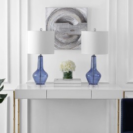 SAFAVIEH Lighting Collection Velor Blue Glass 24-inch Bedroom Living Room Home Office Desk Nightstand Table Lamp Set of 2 (LED Bulbs Included)