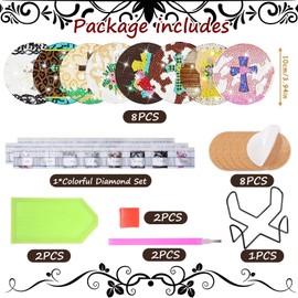 FOWSEEK 8PCS Cross Diamond Painting Coasters with Holder, DIY Religious Diamond Art Coasters for Adults, 5D Cross Diamond Painting Kits Diamond dot Kits Coasters Craft Supplies Gifts