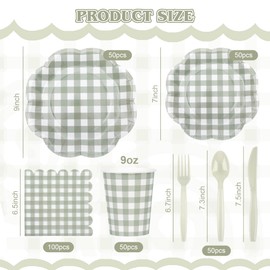 Houuqe 400 Pcs Gingham Party Supplies for 50 Guests Sage Green and White Scalloped Paper Plates and Napkins Knives Spoons Forks Cups Disposable Checkered Dinner Party Set for BBQ Baby Shower Wedding