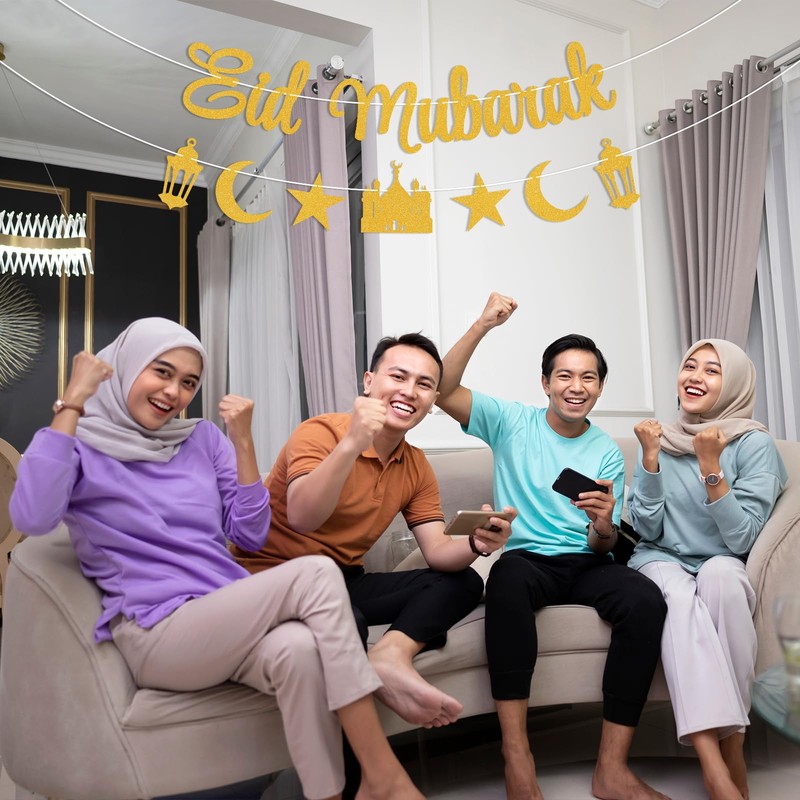 Eid Mubarak Banner - Happy Eid Party Decor, Moon and