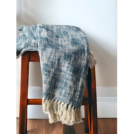 HomeRoots 50" X 60" Blue and White Woven Cotton Throw Blanket with Fringe